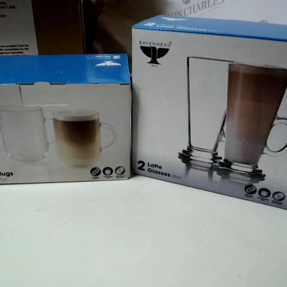 TWO ITEMS, ENTERTAIN SET OF 2 LATTE MUGS & ENTERTAIN SET OF 2 GLASS MUGS RRP £29.98