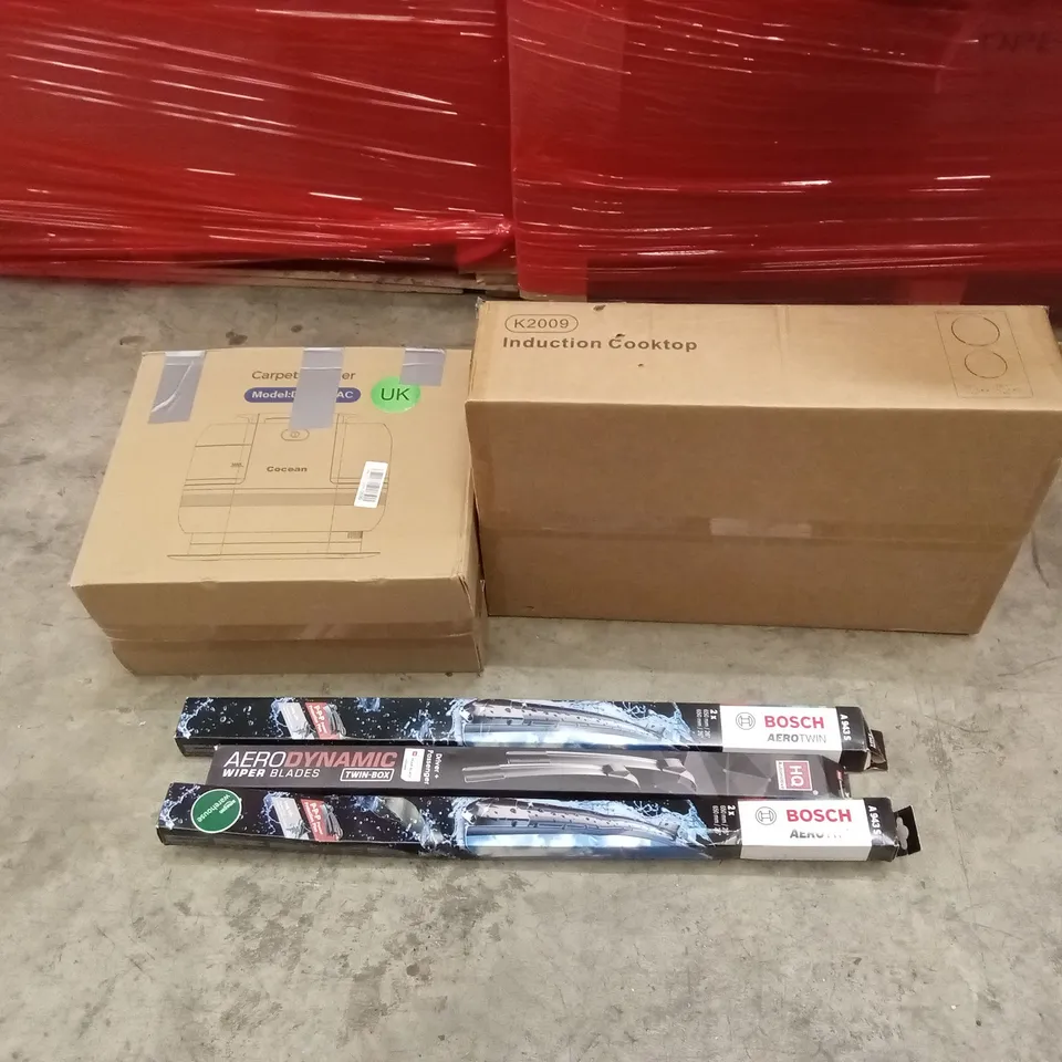 PALLET OF ASSORTED HOUSEHOLD GOODS AND PRODUCTS TO INCLUDE; CARPET CLEANER, INDUCTION COOKTOP, CAR WINDSCREEN WIPER BLADES ETC