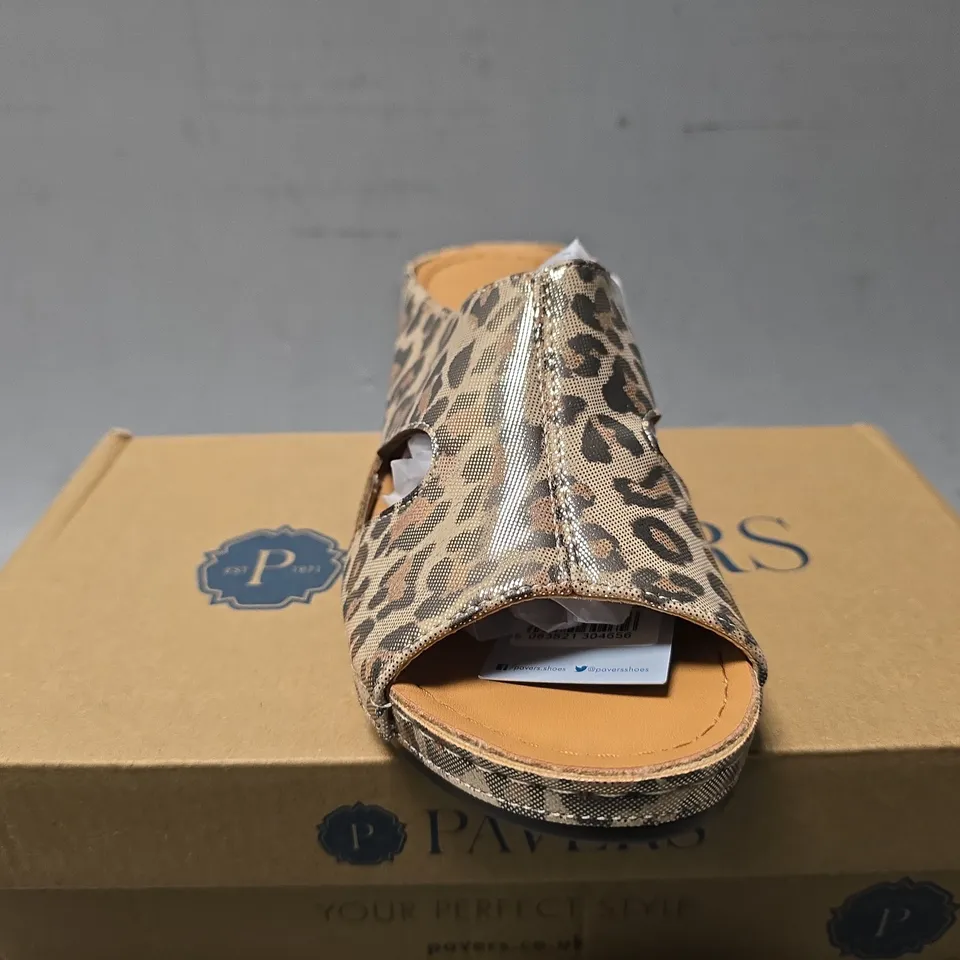 BOXED PAVERS METALLIC LEOPARD OPEN TOE SHOES - SIZE 5 