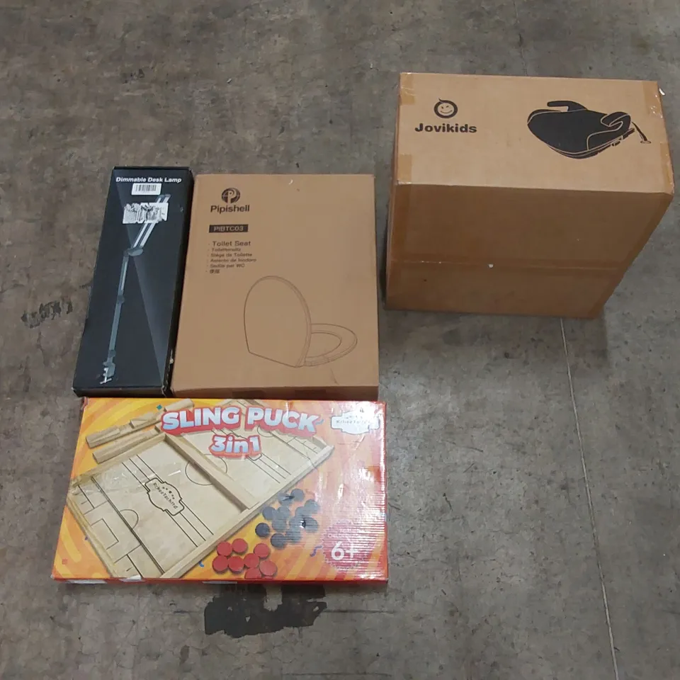 PALLET OF ASSORTED HOUSEHOLD ITEMS AND CONSUMER PRODUCTS TO INCLUDE; OFFICE CHAIR, BOOSTER SEAT, TOILET SEATS, DIMMABLE DESK LAMP ETC