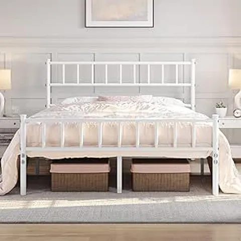 YAHEETECH DOUBLE METAL BED FRAME 4FT6 MODERN STYLE BED WITH HEADBOARD AND FOOTBOARD, SOLID SLATTED BED BASE WHITE (1BOX)