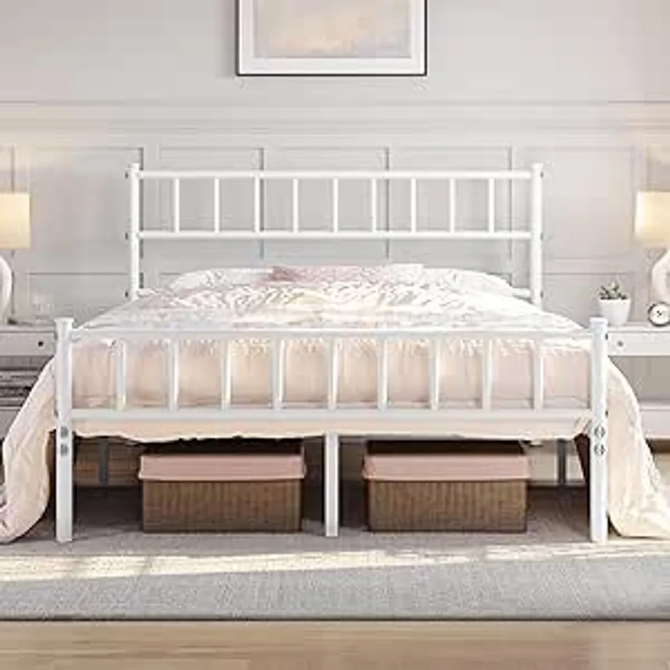 YAHEETECH DOUBLE METAL BED FRAME 4FT6 MODERN STYLE BED WITH HEADBOARD AND FOOTBOARD, SOLID SLATTED BED BASE WHITE (1BOX)