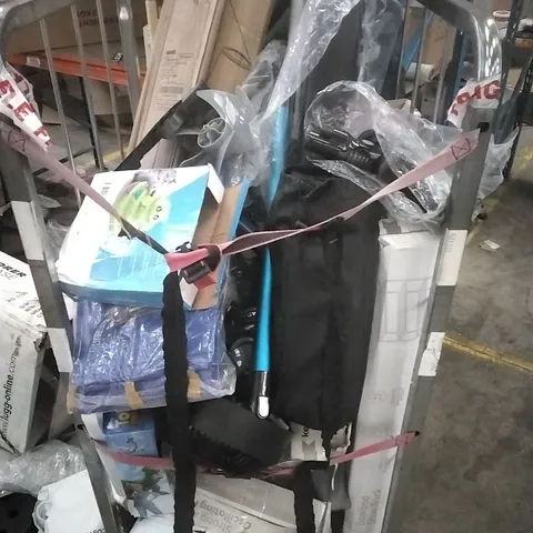 CAGE CONTAININ ASSORTED HOUSEHOLD GOODS WHICH INCLUDE; FANS, HOOVER PARTS, CAMPING CHAIRS, YOGA MATS ETC