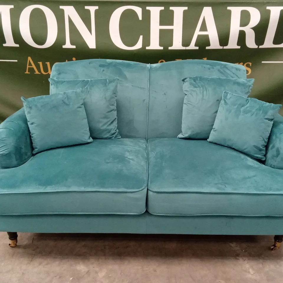 PENERMON 2 SEATER VELVET ROLL ARMS SOFA - TEAL