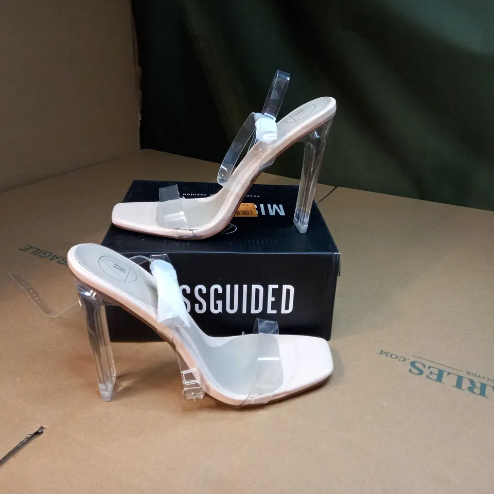 BOXED PAIR OF MISSGUIDED CLEAR SQUARE TOE ILLUSION HEEL  SIZE 7