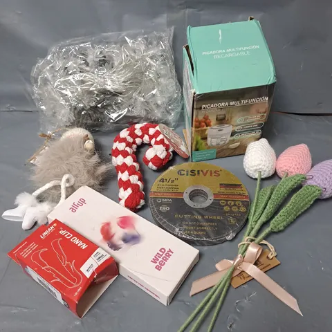 APPROXIMATELY 10 ASSORTED HOUSEHOLD ITEMS TO INCLUDE RECHARGEABLE CHOPPER, CUTTING WHEEL, AIR UP CAPSULE ETC