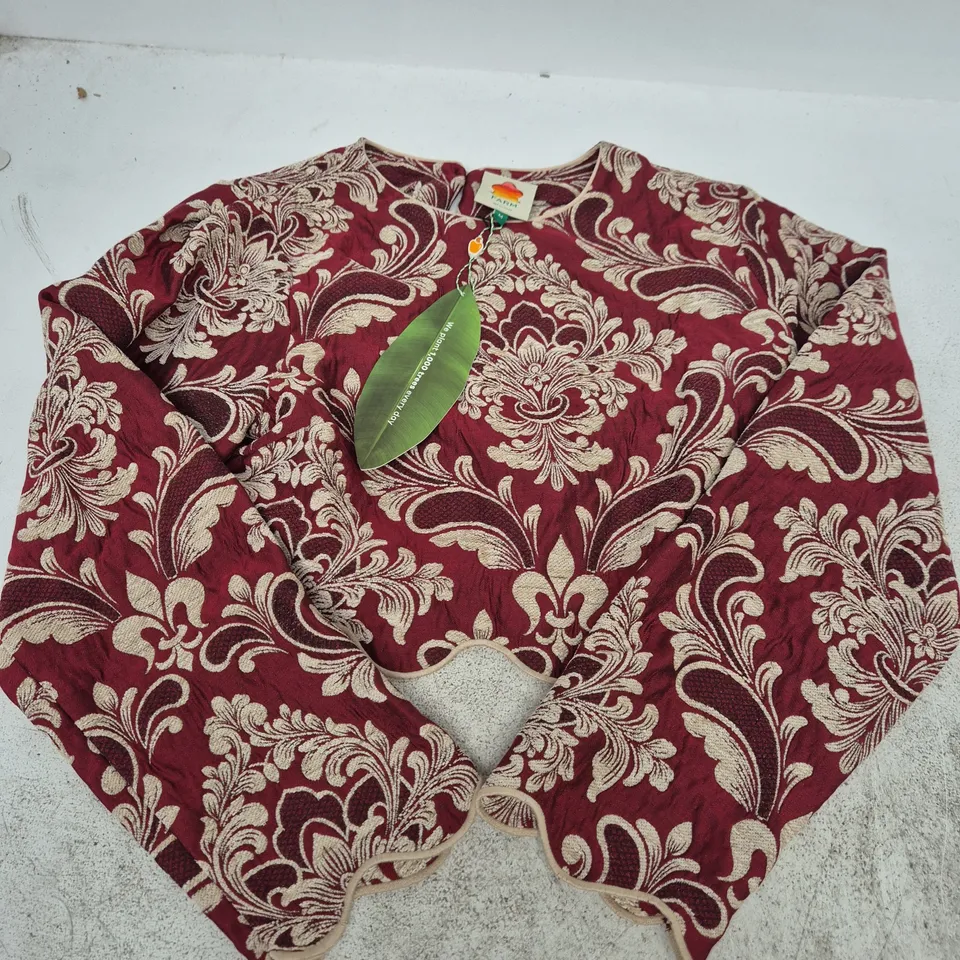 FARM RIO BICOLOUR JACQUARD WAVES LONG SLEEVE TOP – BURGUNDY FLORAL PATTERN, UK SIZE M