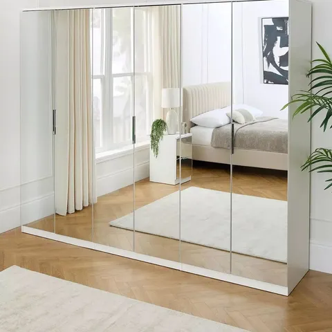 BOXED PALMA 6 DOOR MIRRORED WARDROBE - WHITE (5 BOXES)