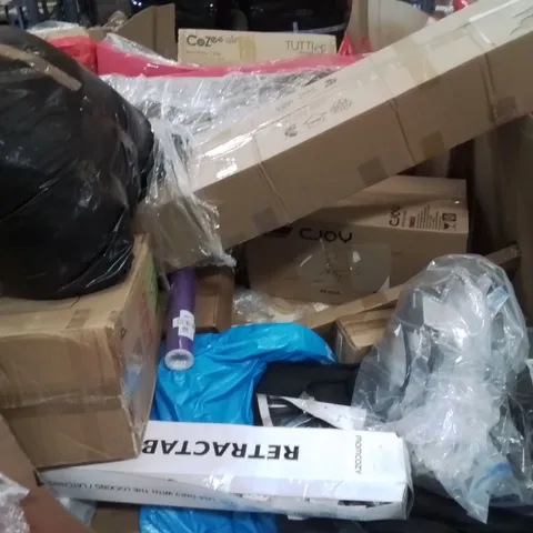 PALLET CONTAINING VARIOUS ASSORTED BOXED HOUSEHOLD ITEMS TO INCLUDE: RETRACTABLE SAFETY GATE, CEILING FAN LIGHT, MAKEUP BOX, CRAFT VINYL AND LOTS MORE UNMARKED BOXED ITEMS 
