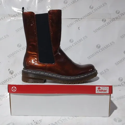 BOXED PAIR OF RIEKER TALL CHELSEA BOOTS IN BRONZE - SIZE 6.5