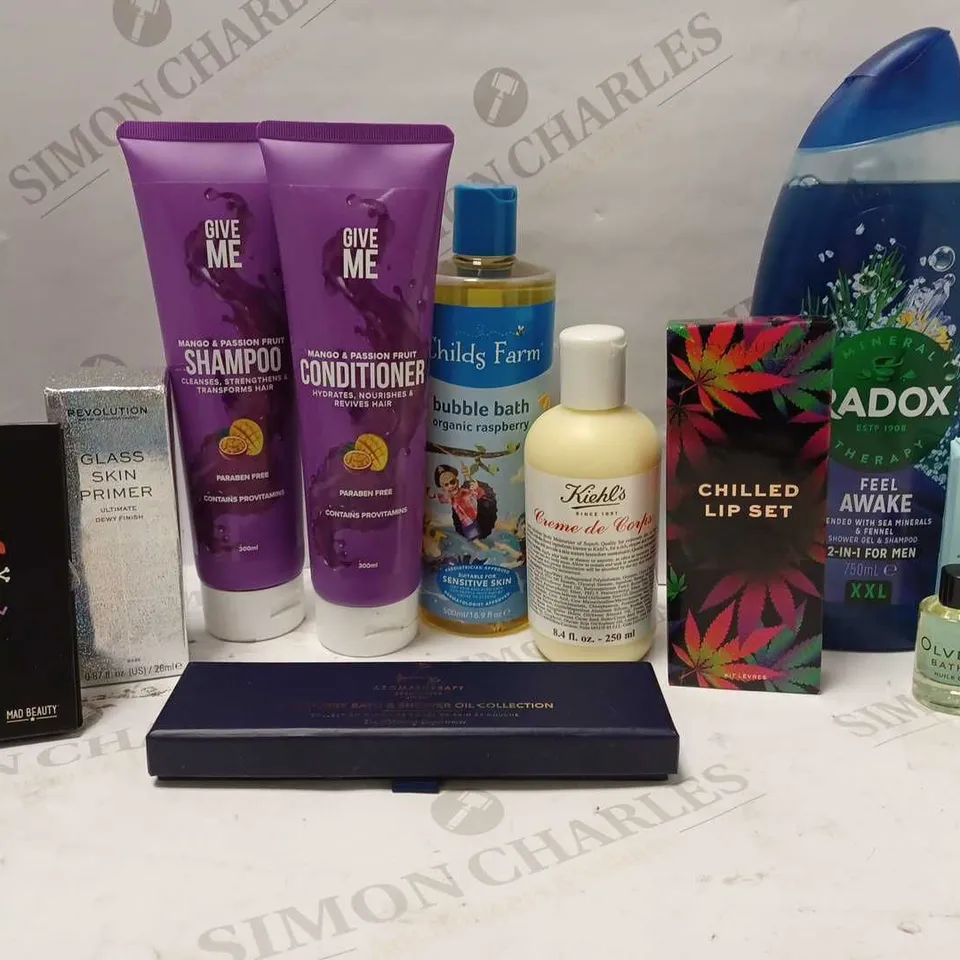 lot of approx 10 assorted beauty products to include GIVE ME CONDITIONER, KIEHL'S CREME DE CORPS, REVOLUTION CHILLED LIP SET, ETC 