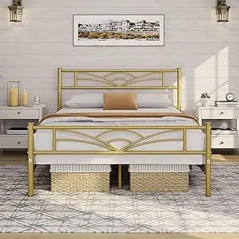 BOXED YAHEETECH 135CM DOUBLE BED FRAMES SLATTED METAL BED WITH CROWN-INSPIRED DESIGN HEADBOARD - GOLD (1 BOX)