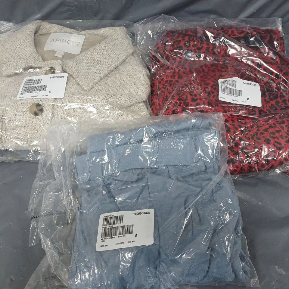 APPROXIMATELY 10 ASORTED CLOTHING ITEMS TO INCLUDE SHACKETS, JOGGERS, DRESS, ETC