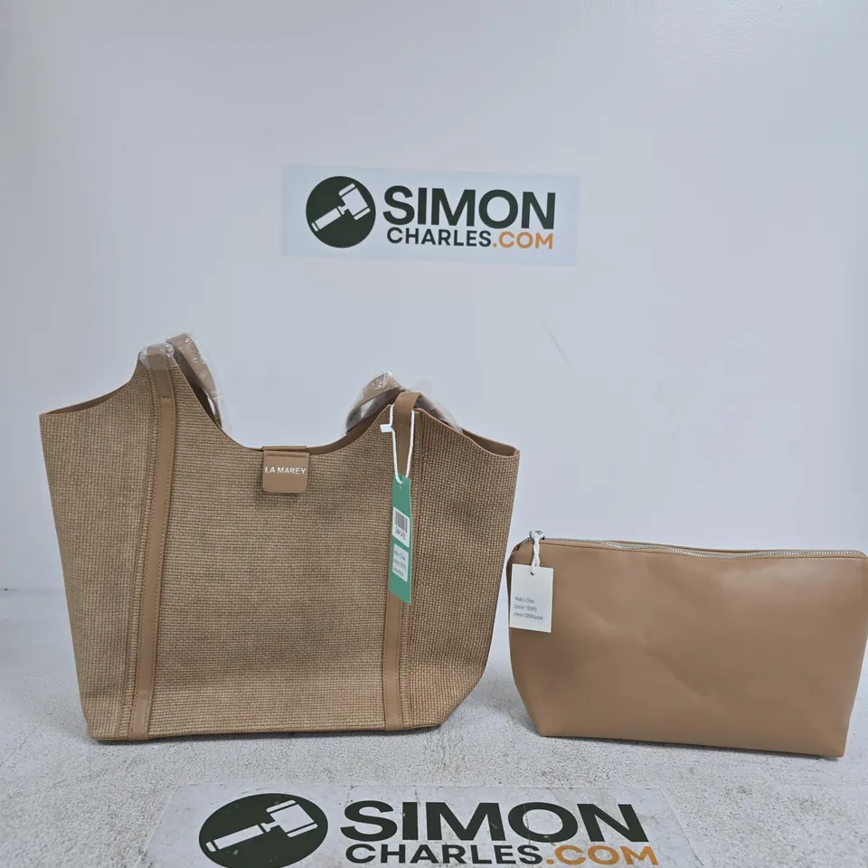 LA MAREY WOVEN TOTE BAG WITH MATCHING CLUTCH – BEIGE (TWO-PIECE HANDBAG SET)