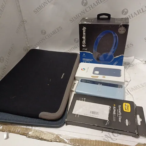 LARGE BOX OF ASSORTED LAPTOP COVERS , HEADPHONES , AND PHONE CASES , ETC