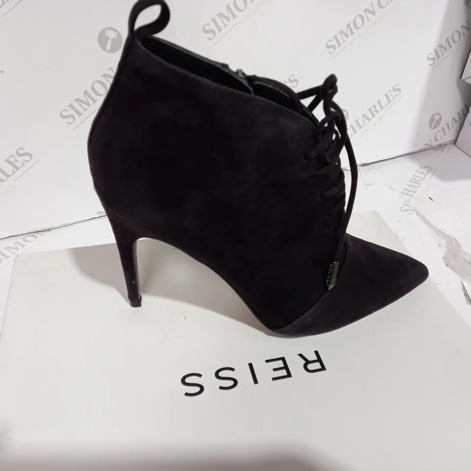 BOXED REISS SUEDE CHOCOLATE BOOT HEELS - SIZE 6
