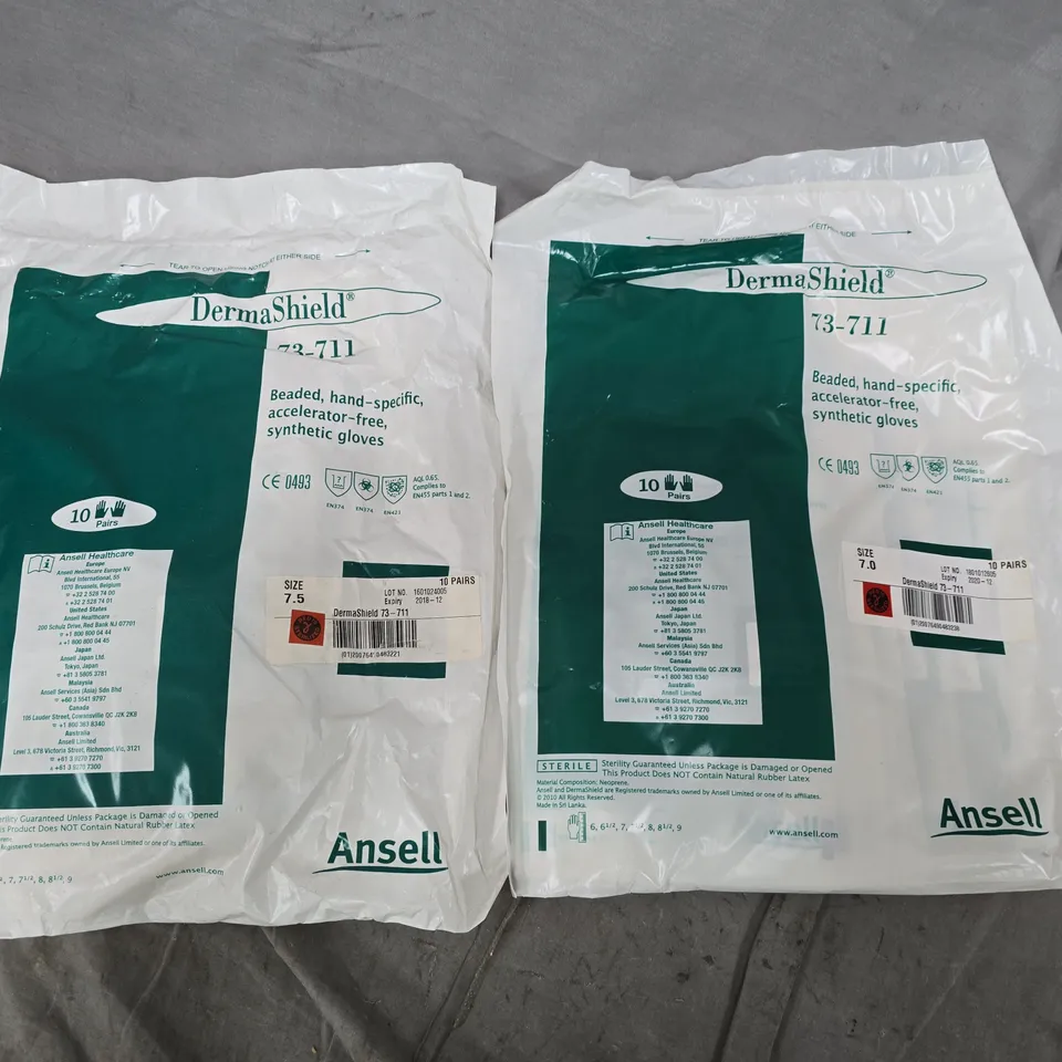 APPROXIMATELY 150 EXPIRED ANSELL DERMASHIELD 73-711 SERIES GREEN NEOPRENE GLOVES IN VARIOUS SIZES