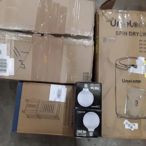 PALLET TO CONTAIN AN ASSORTMENT OF HOUSEHOLD ITEMS TO INCLUDE CHANDELIER, LIGHT BULBS, AIR COOLER AND SPIN DRYER ECT