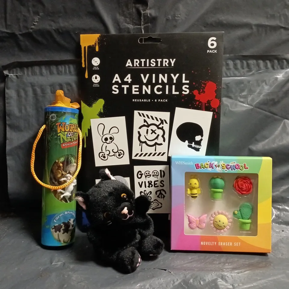 APPROXIMATELY 10 ASSORTED TOYS AND GAMES TO INCLUDE A4 VINYL STICKERS, ANIMAL TUBE, ETC
