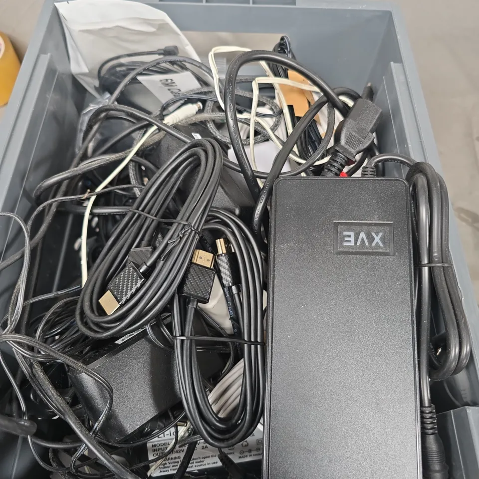 BOX OF ASSORTED CABLES AND PLUGS 