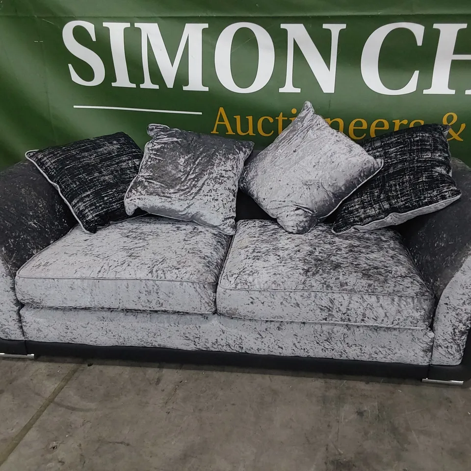 DESIGNER THREE SEATER SOFA SILVER VELVET & BLACK FAUX LEATHER WITH SCATTER CUSHIONS 