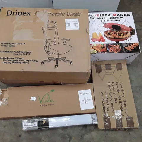 PALLET OF ASSORTED PRODUCTS INCLUDING ERGONOMIC CHAIR, PIZZA MAKER, SIDE TABLE, VENETIAN BLIND, TOWEL RACK