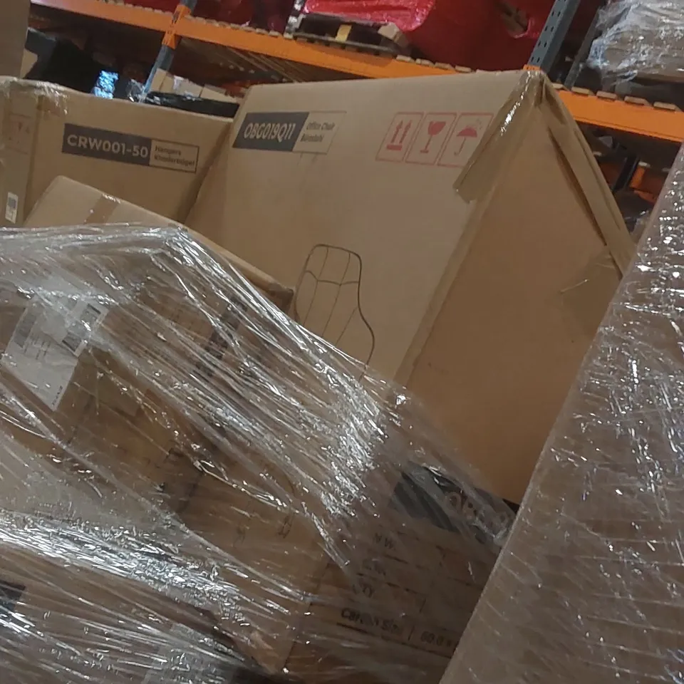 PALLET CONTAINING A LARGE QUANTITY OF ASSORTED PRODUCTS TO INCLUDE: BAR STOOL, COAT RACK, SHOE BOX ECT