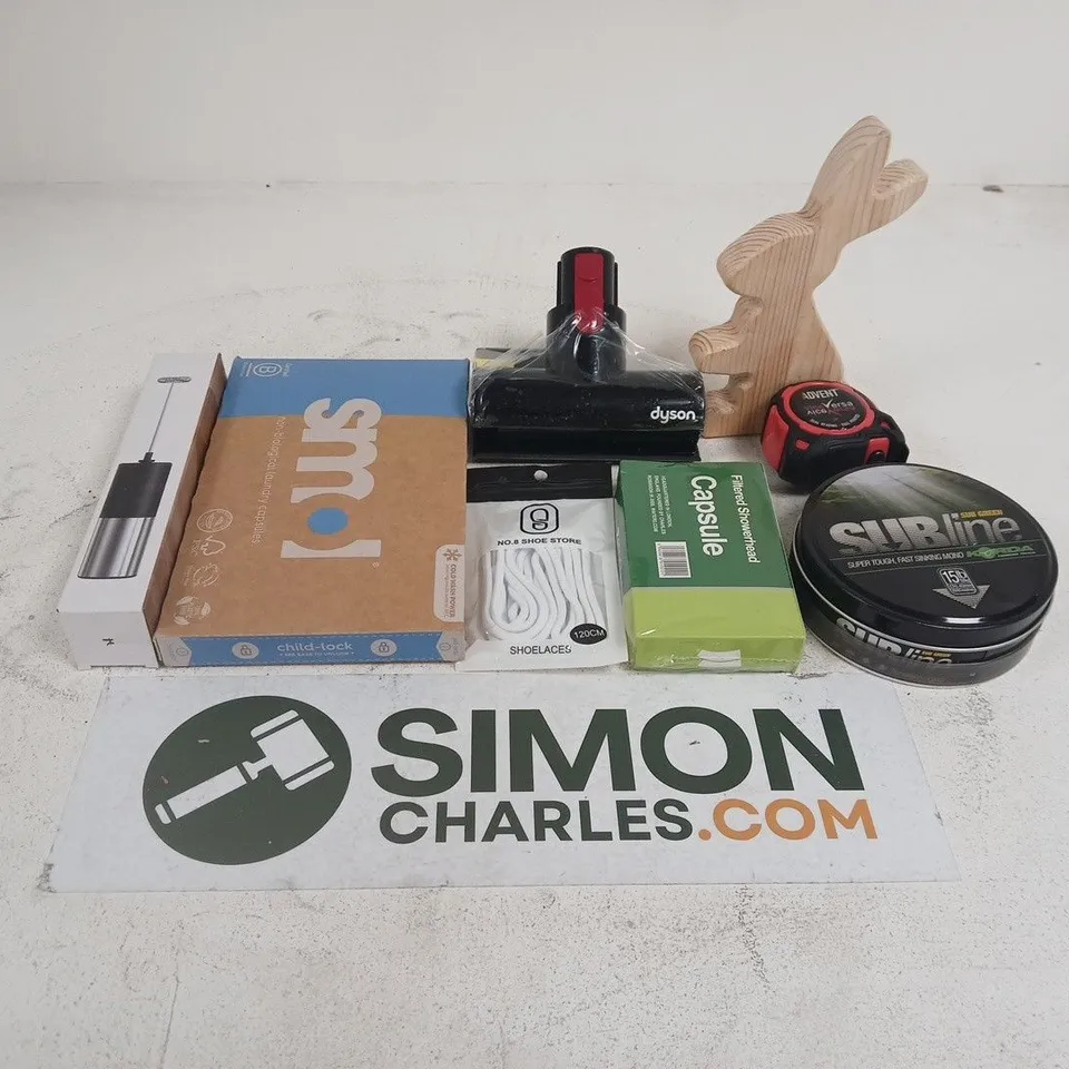 APPROXIMATELY 15 ASSORTED HOUSEHOLD PRODUCTS TO INCLUDE HOOVER PARTS , TAPE MEASURE AND FROTHER 