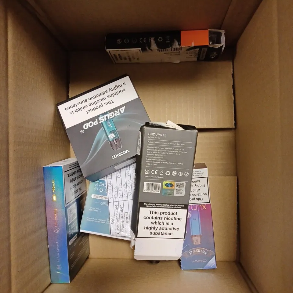 BOX OF APPROX 10 ITEMS TO INCLUDE VAPORESSO XROS 3, CALIBURN A2, GEEK VAPE WENAX H1 CARTRIDGE. 