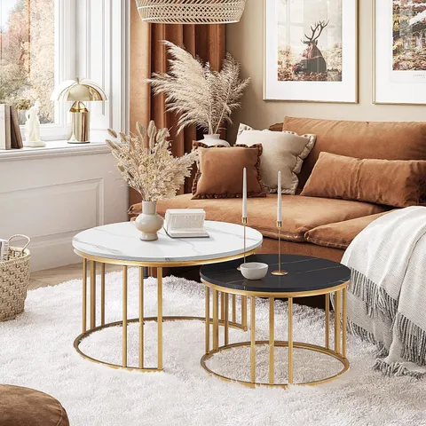 BOXED SET OF 2 NESTING COFFEE TABLES - 1 WHITE/1 BLACK/ GOLD FRAMES