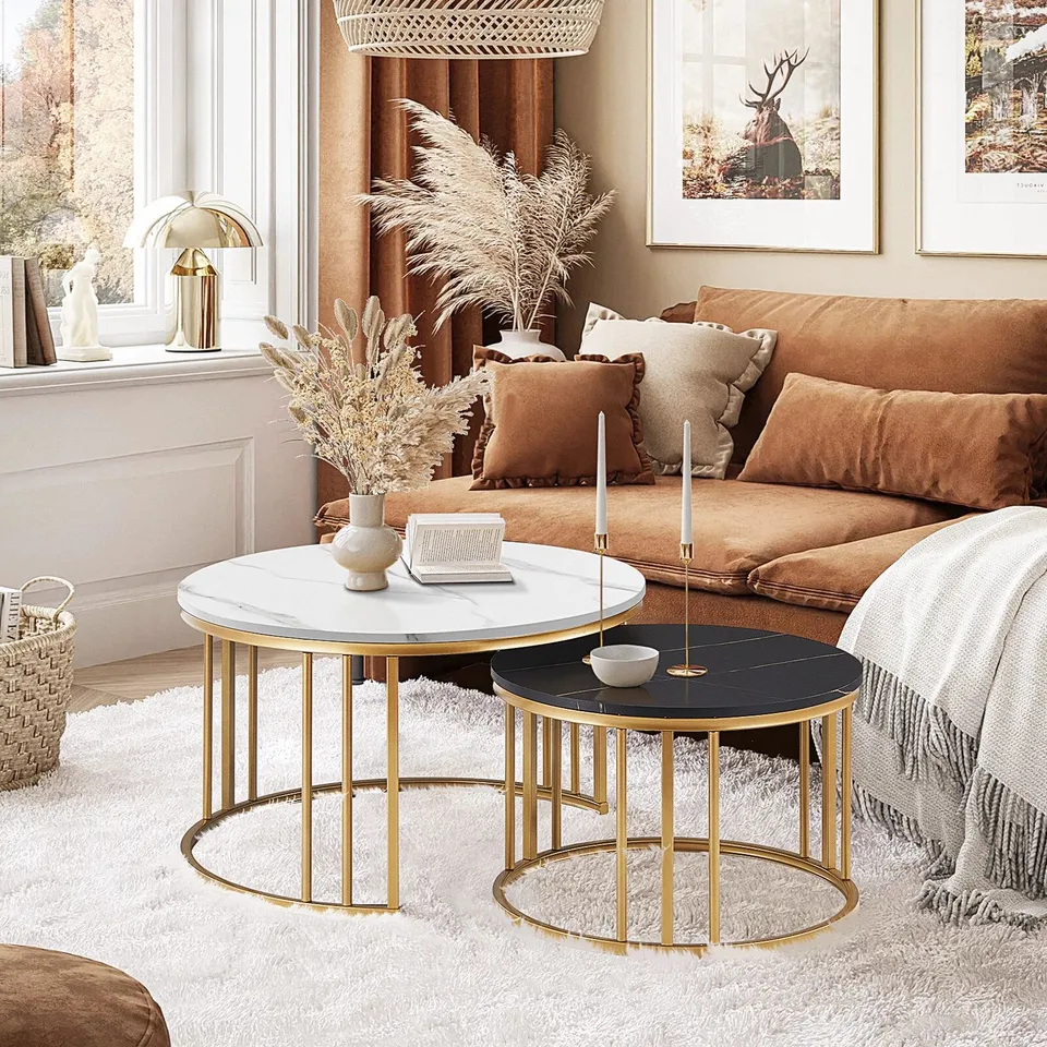 BOXED SET OF 2 NESTING COFFEE TABLES - 1 WHITE/1 BLACK/ GOLD FRAMES