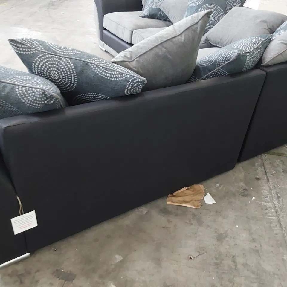 DESIGNER CORNER GROUP BLACK FAUX LEATHER & GREY FABRIC WITH SCATTER CUSHIONS 