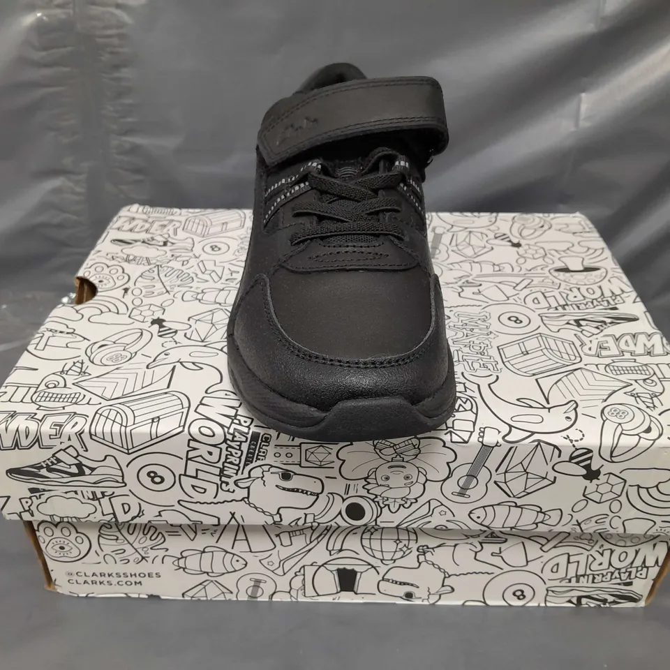 BOXED PAIR OF CLARKS PLAY PRINTS SHOES IN BLACK UK SIZE 3