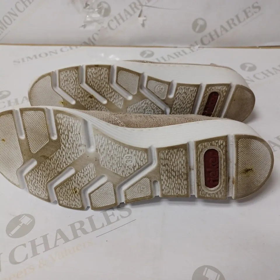 BOXED PAIR OF RIEKER SLIP-ON WEDGE TRAINERS IN ROSE GOLD, UK 6