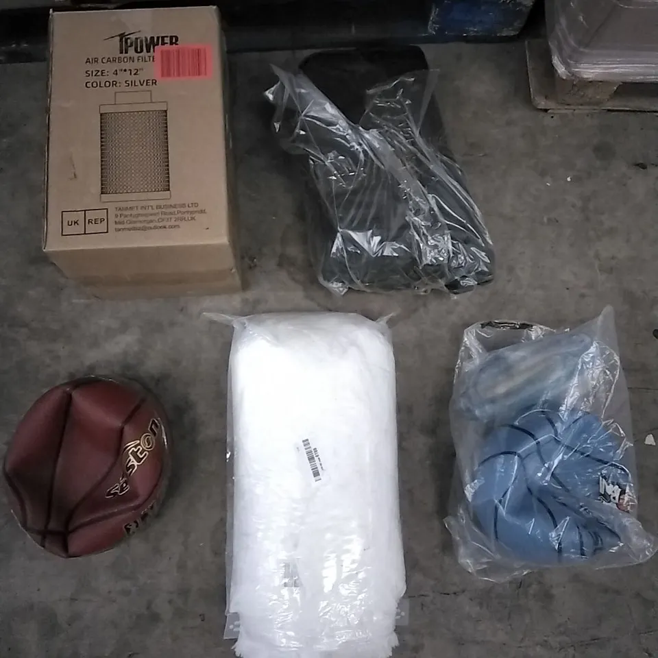 PALLET OF ASSORTED ITEMS INCLUDING, AIR CARBONBFILTER, FLUFFY RUGS, TV MOUNT, LAPTOP CASE AND BASKETBALL
