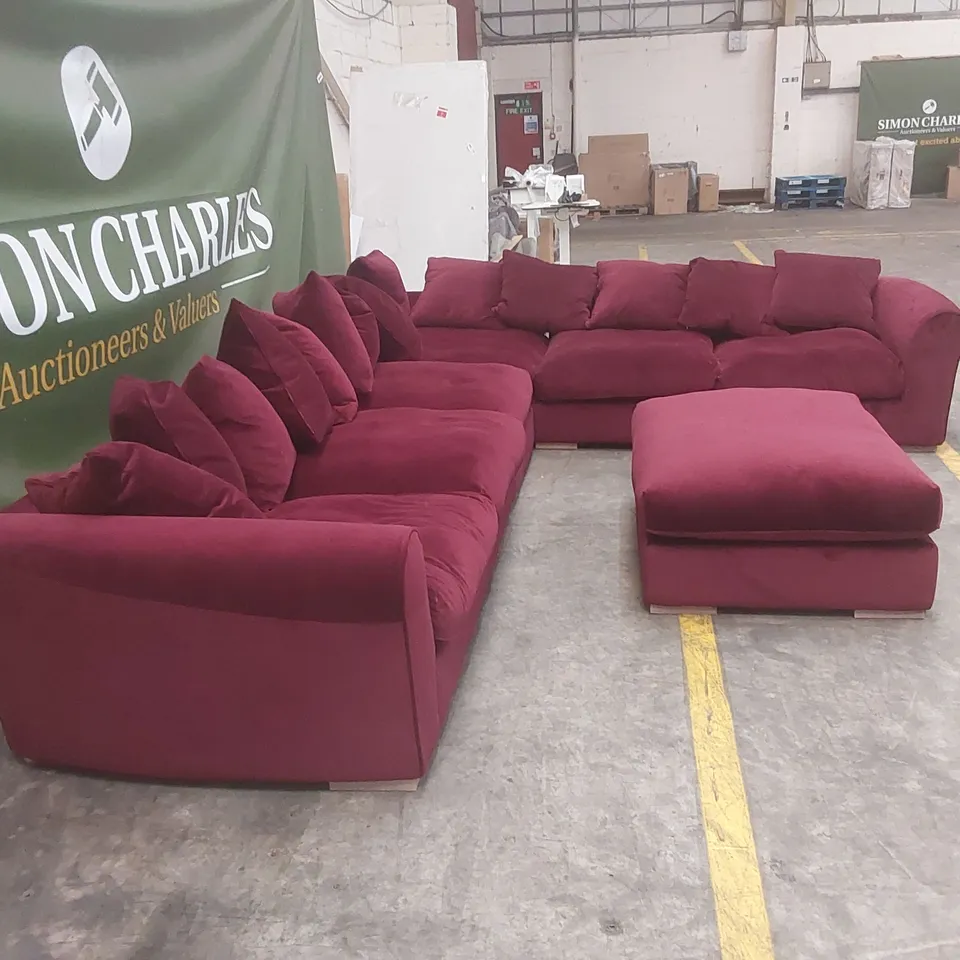 QUALITY DESIGNER EX DISPLAY LARGE VELVET CORNER SOFA WITH FOOTSTOOL - WINE RED 