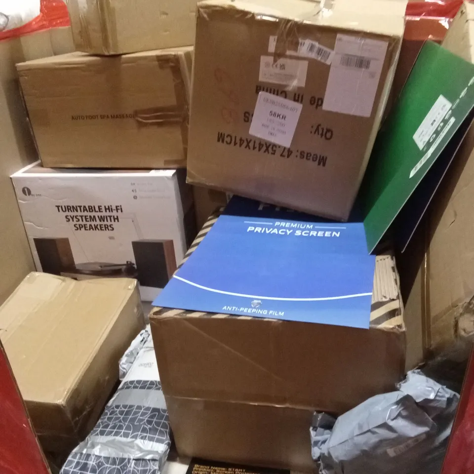 PALLET OF ASSORTED HOUSEHOLD GOODS AND PRODUCTS TO INCLUDE; TURNTABLES, COMPUTER MONITOR, SHREDDER ETC
