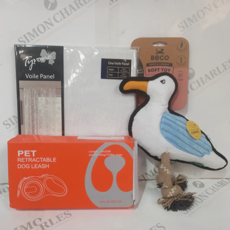 BOX OF APPROXIMATELY 20 ASSORTED HOUSEHOLD ITEMS TO INCLUDE BECO CUTE & CUDDLY SOFT TOY, RETRACTABLE DOG LEASH, VOILE PANEL, ETC