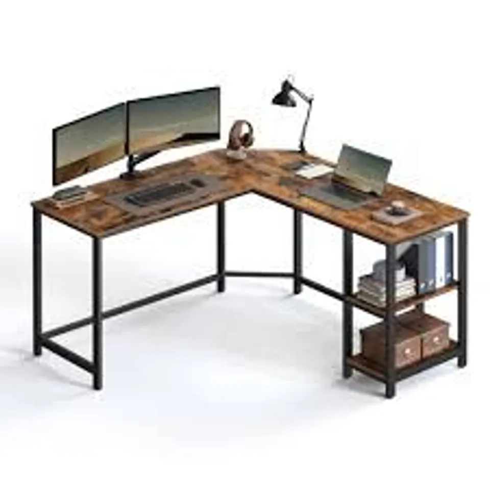 BOXED VASAGLE COMPUTER DESK, L-SHAPED CORNER DESK, GAMING DESK, WORKSTATION WITH 2 STORAGE SHELVES FOR HOME OFFICE, SPACE-SAVING, EASY TO ASSEMBLE, RUSTIC BROWN AND BLACK (1 BOX)