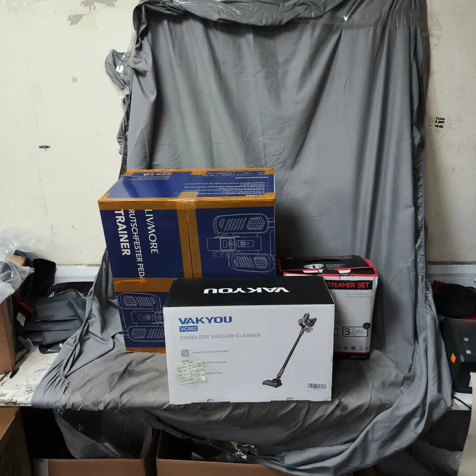 CAGE OF APPROXIMATELY 8 ASSORTED ITEMS INCLUDING 3 TIER STEAMER SET, CORDLESS VACUUM CLEANER AND ANTI SLIP PEDAL EXERCISER