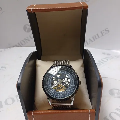 MENβS LA BANUS SKELETON DIAL WATCH WITH SHARK MESH - STAINLESS STEEL STRAP - SILVER COLOUR