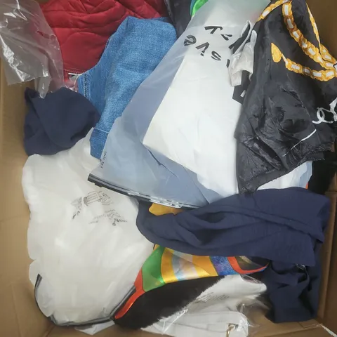 LARGE BOX OF APPROXIMATELY 25 ASSORTED CLOTHING ITEMS IN VARIOUS COLOURS, STYLES AND SIZES - COLLECTION ONLY