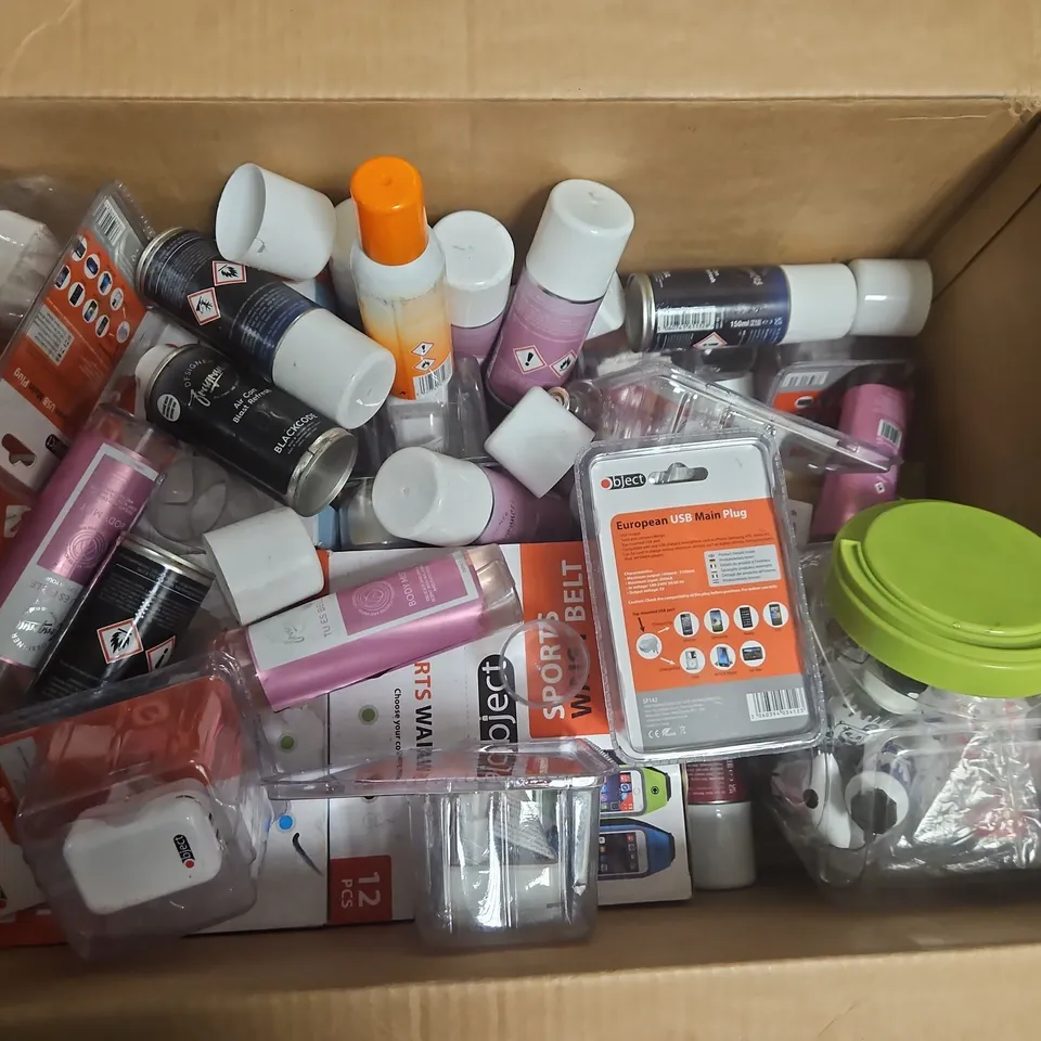 BOX OF APPROXIMATELY 20 HOUSEHOLD PRODUCTS TO INCLUDE EARPHONES, CLEAN BREEZE AIR FRESHENER AND EUROPEAN MAINS PLUGS