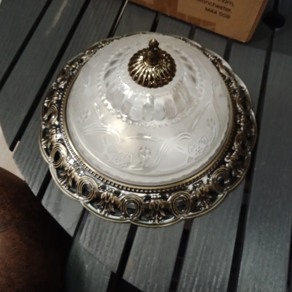 BOXED SEARCHLIGHT DERBY FLUSH CEILING LIGHT – ANTIQUE BRASS & GLASS