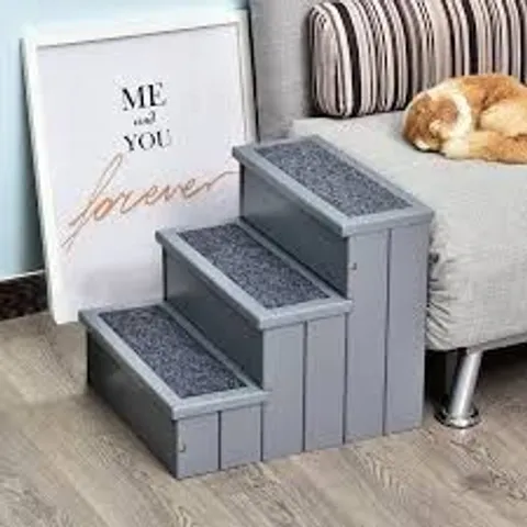 BOXED PAWHUT 3 STEP WOODEN DOG STEPS PET STAIRS FOR DOGS, CAT LADDER FOR BED COUCH WITH STORAGE GREY