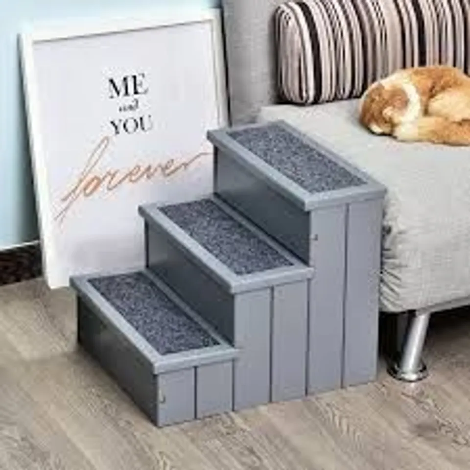 BOXED PAWHUT 3 STEP WOODEN DOG STEPS PET STAIRS FOR DOGS, CAT LADDER FOR BED COUCH WITH STORAGE GREY