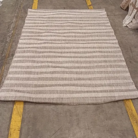 STRIPED GREY AND WHITE WOVEN RUG APPROXIMATELY 215 CM X 160 CM