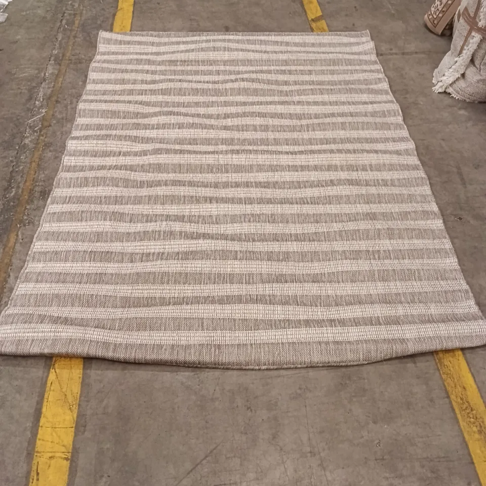 STRIPED GREY AND WHITE WOVEN RUG APPROXIMATELY 215 CM X 160 CM