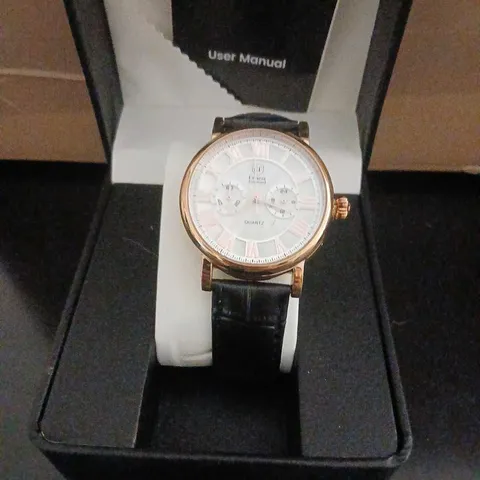 ERNEST FERDINAND WRISTWATCH – ROSE GOLD TONE CASE, WHITE DIAL WITH ROMAN NUMERALS, BLACK LEATHER STRAP, QUARTZ MOVEMENT – BOXED