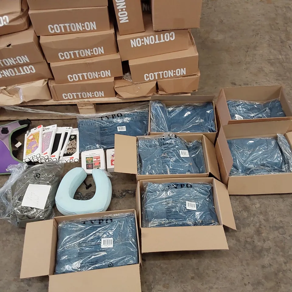 PALLET OF ASSORTED CONSUMER AND HOUSEHOLD PRODUCTS TO INCLUDE; DENIM JEAN SHORTS, TRAVEL PILLOW, PHONE CASES, WOMEN'S CROP COAT, DOG HARNESSES, CHRISTMAS CARDS ECT.